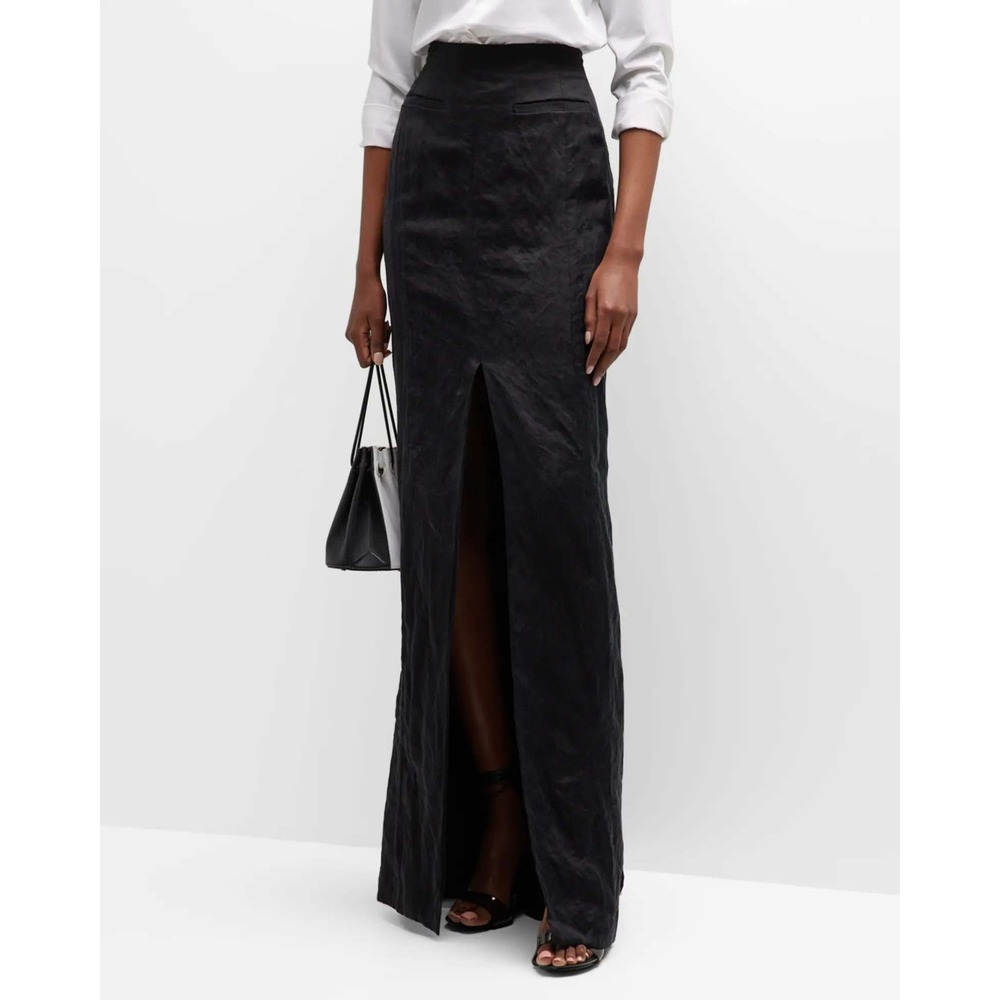 Jason Wu Collection Black Crinkle Cupro Linen Maxi Skirt Sz 2 Front‎ Slit NWT